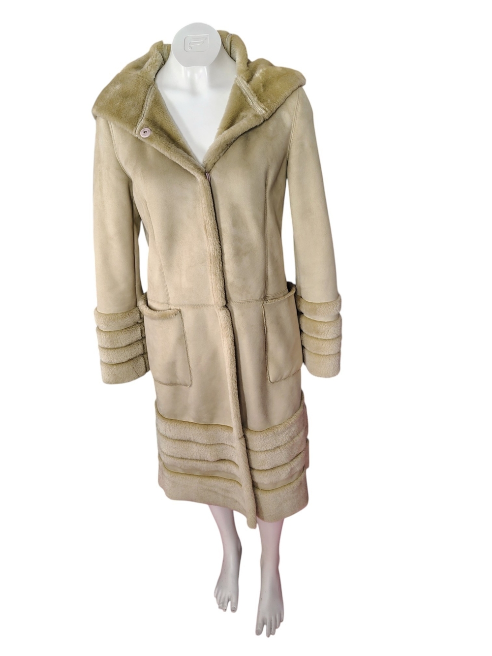 Women's Beige Shearling Trench Coat with Hood